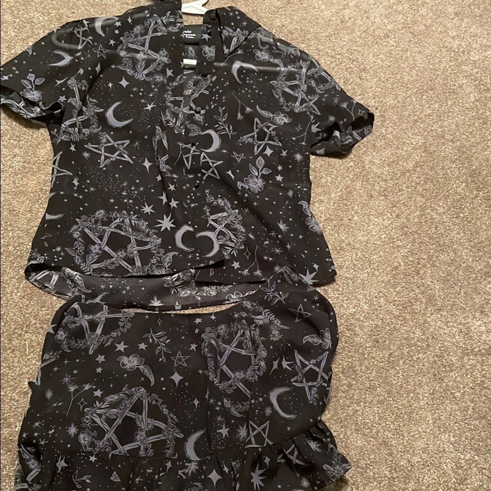 Killstar Black and Gray Fl button up top with matching wrap skirt